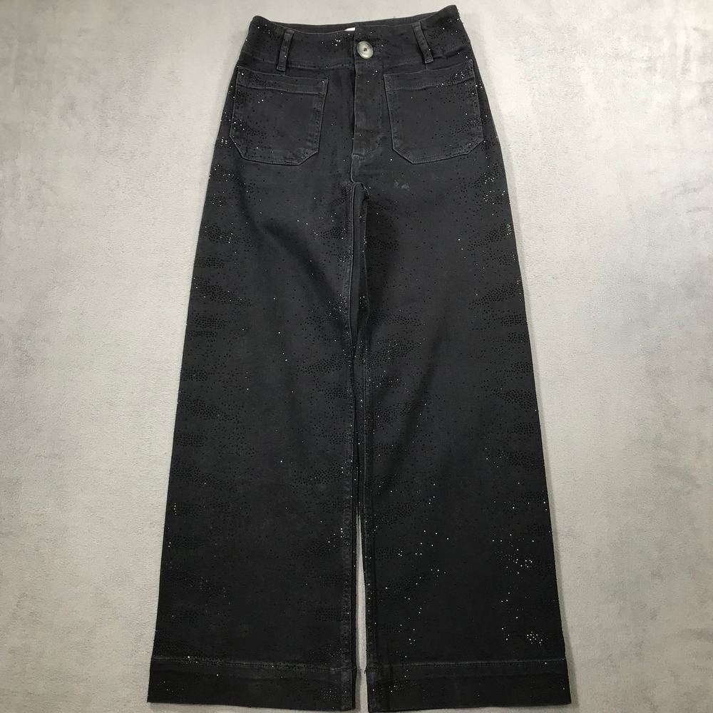 Maeve The Colette Pants Womens 24 Black Good Rhinestone Crop Wide Leg Denim